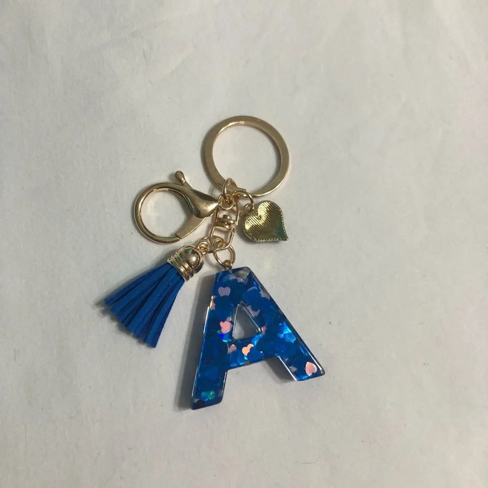 Keychain A initial  Heart Tassel blue gold